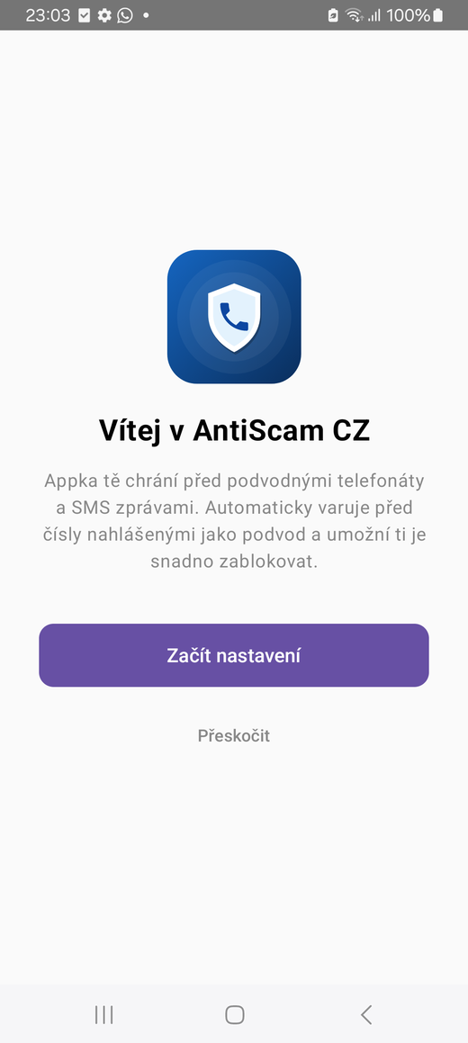 Úvodní obrazovka aplikace AntiScam CZ